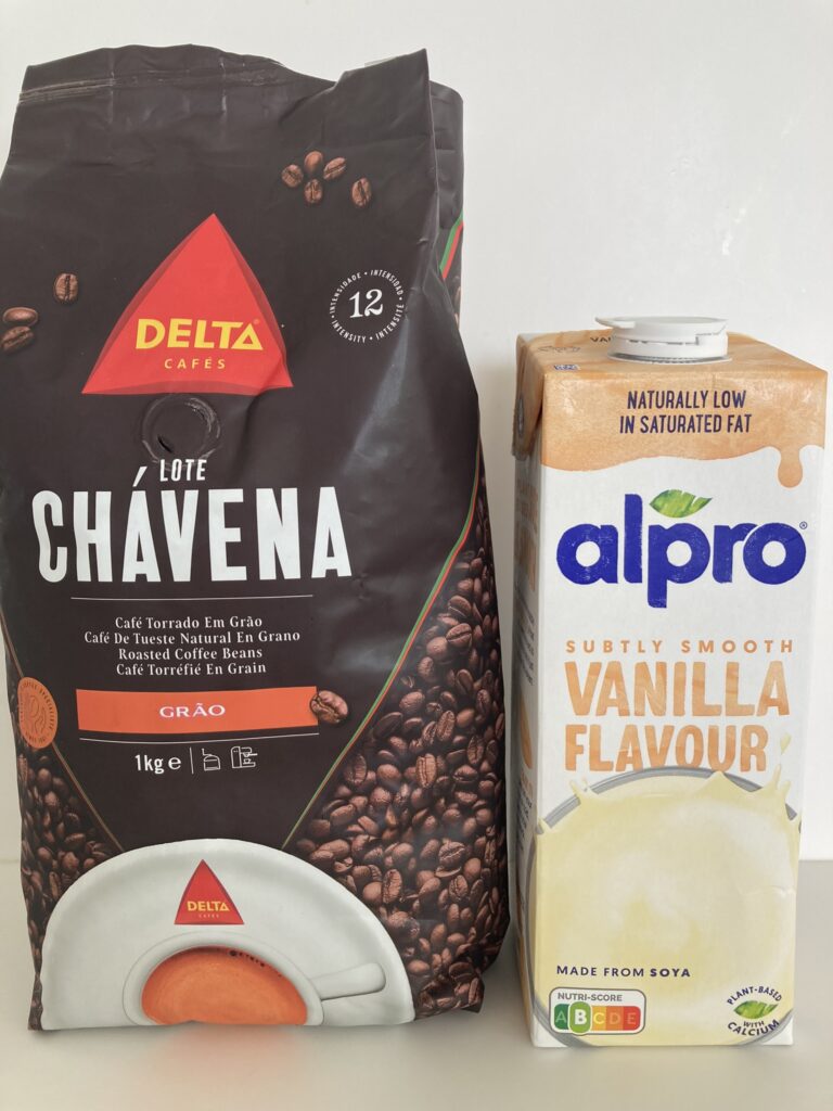 Delta coffee beans and Alpro soy milk in Portugal
